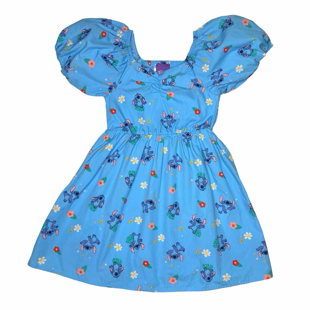 Disney Stitch Cotton Dress Puff Sleeve Flower And Palm Leaf Print- XS (4)